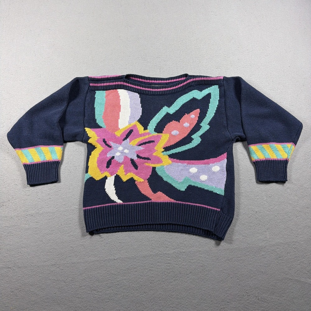 Vintage Sweater Women Small Petite Floral Crewneck Pullover Knit Art to Wear 80s